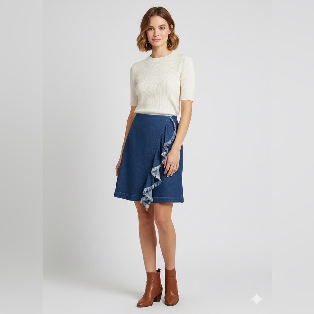 Halogen Denim Ruffle Faux Wrap Skirt Frayed Hem Blue Size 14